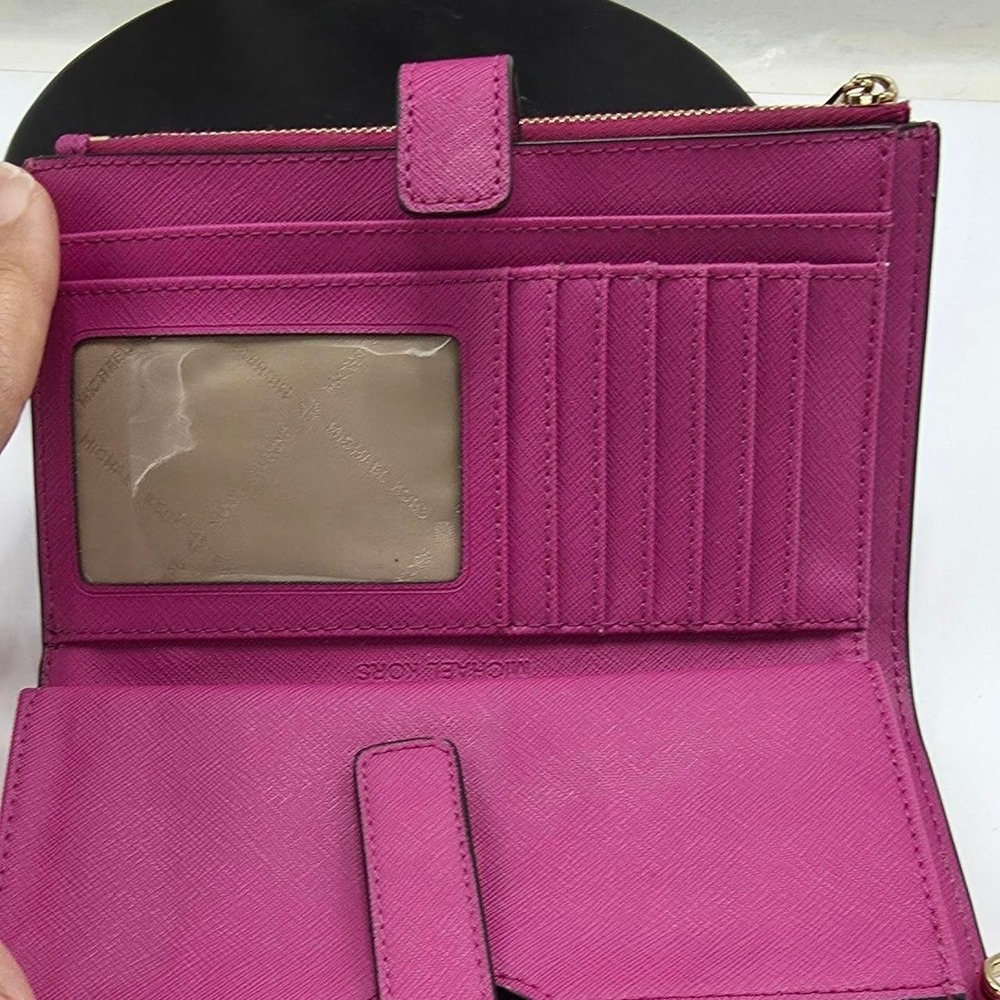 Michael Kors Adele Magenta Saffiano Leather Double Zip Wristlet Wallet